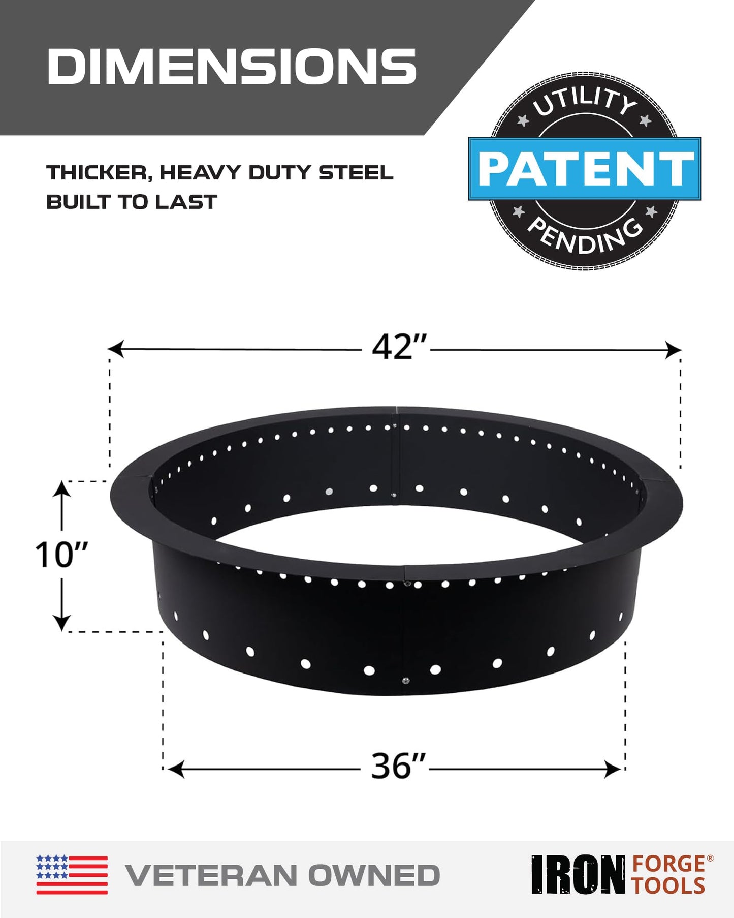 Iron Forge Tools Fire Pit Ring 42 Inch Outer/36 Inch Inner - Outdoor Heavy Duty Metal Round Smokeless Fire Ring Insert Liner - Utility Patent Pending (42x36x10)