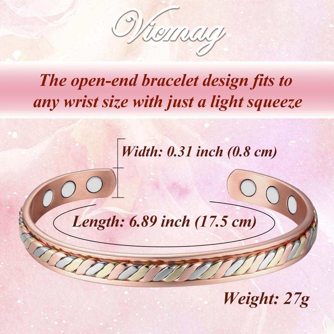 Vicmag Copper Magnetic Bracelet for Women Ultra Strength Magnets 99.9% Pure Copper Jewelry Gift (Braided Tricolour)