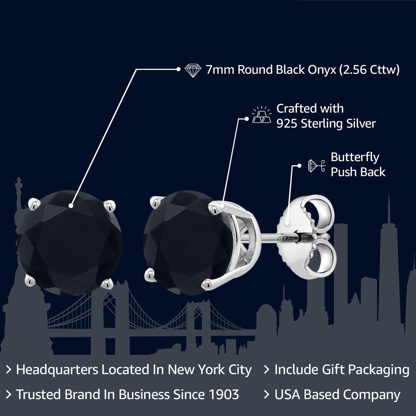 Gem Stone King 2-4 Cttw Round Gemstone Birthstone Stud Earrings For Women Men | 925 Sterling Silver | Round 7MM | Fine Jewelry Gifts for Women Her Mom Wife Men | Onyx-December
