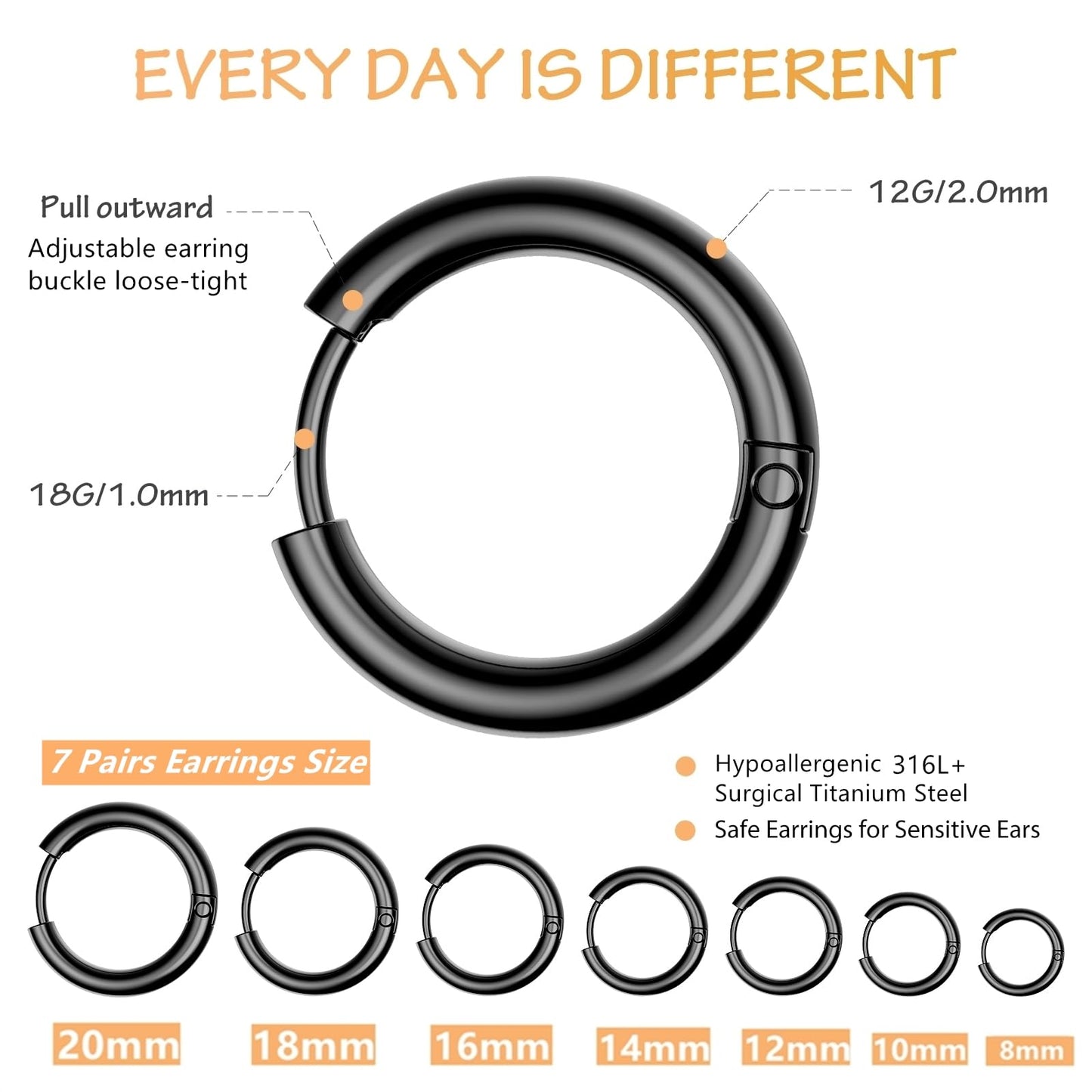 JICHENGEM 7Pairs Hypoallergenic Titanium Stainless Steel Huggie Hoop Earrings Set for Men Women, 8-20mm, Silver Gold Black Jewelry