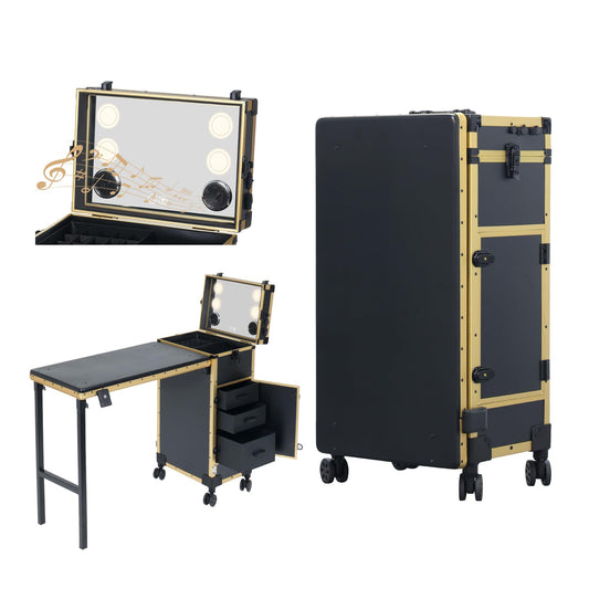 Rolling Portable Manicure Table with 3 Drawers, Lockable Makeup Train Case with Mirror & Nail Polish Organizer, Foldable Nail Desk with Wheels & Handle for Mobile Nail Techs & Salon Use, Gloden