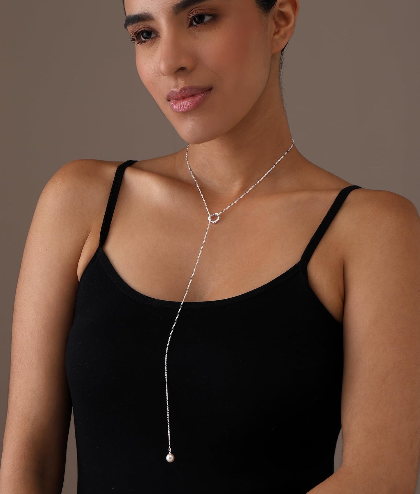 LeCalla 925 Sterling Silver Freshwater Pearl Heart Pendant Necklace Open Heart Lariat Necklace Pendant with Cable Chain for Women 24 Inches