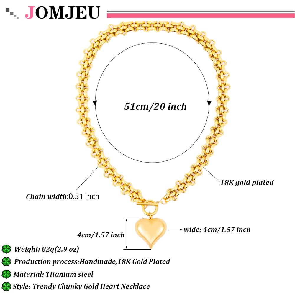 jomjeu Chunky Gold Necklace for Women Heart Necklaces 18K Gold Plated Stainless Steel Chain Pendant Necklace Classic Trendy Toggle Thick Gold Necklaces Jewelry Gifts for Women