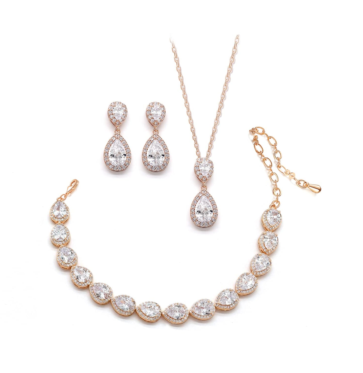 UDYLGOON Imitation Cubic Zirconia Crystal Bridal Jewelry Set for Bride Bridesmaid Wedding Prom Teardrop Necklace Earrings Bracelet Jewellery Set