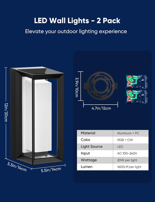 APPECK Outdoor Wall Lights 2 Pack, 1600LM High Brightness Outdoor Porch Light 12" with App Control, RGBCW Color Changing LED Wall Sconce IP65 Waterproof, Works with Alexa, for Patio Yard Holiday Decor