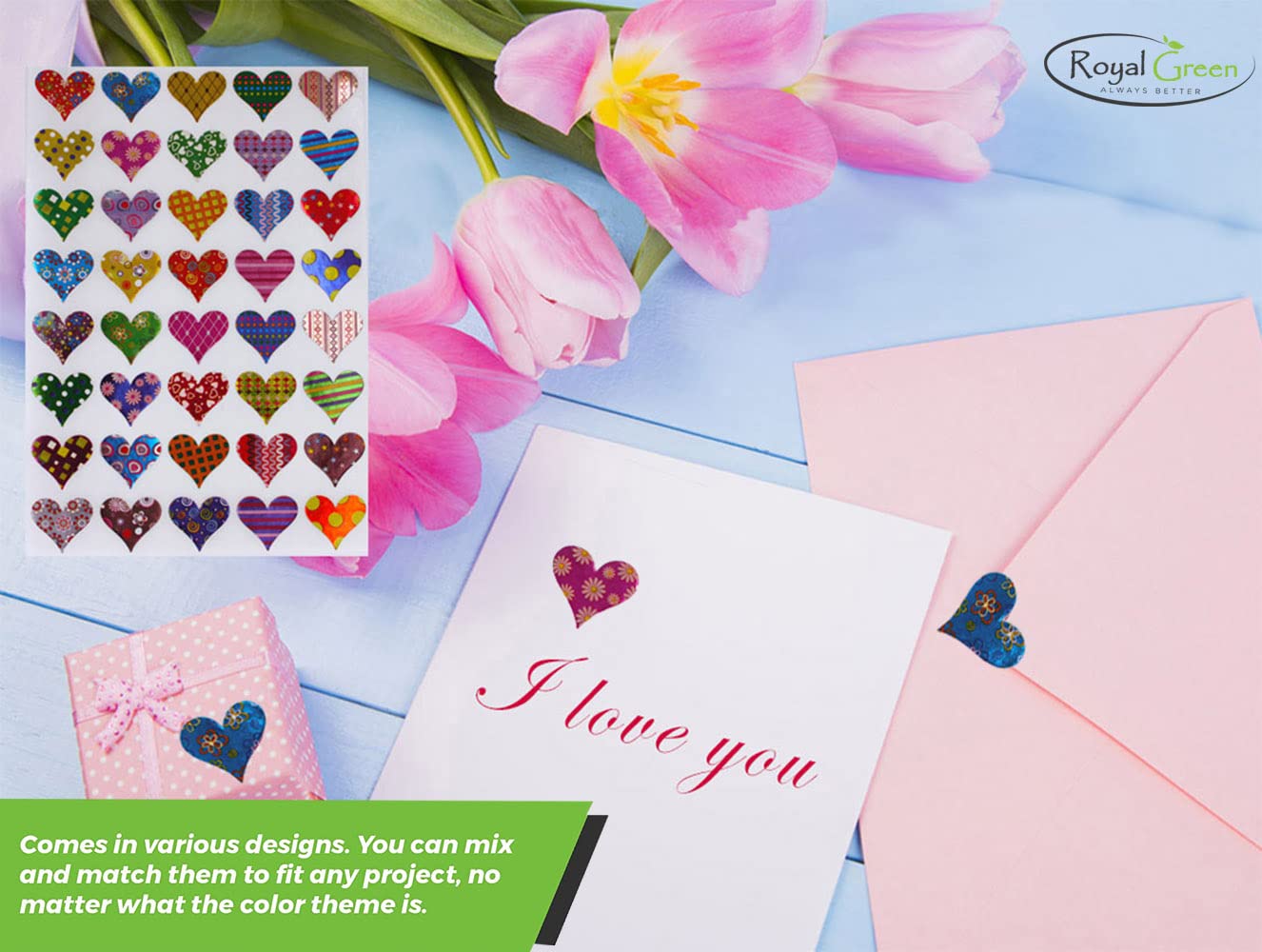 Valentines Sticker Hearts – Shiny Metallic Assorted Patterns Heart Stickers in Red, Pink, Blue, Gold, Green, Purple, Stars, Flowers, Stripes and Dots - Permanent Adhesive - 200 Pack by Royal Green