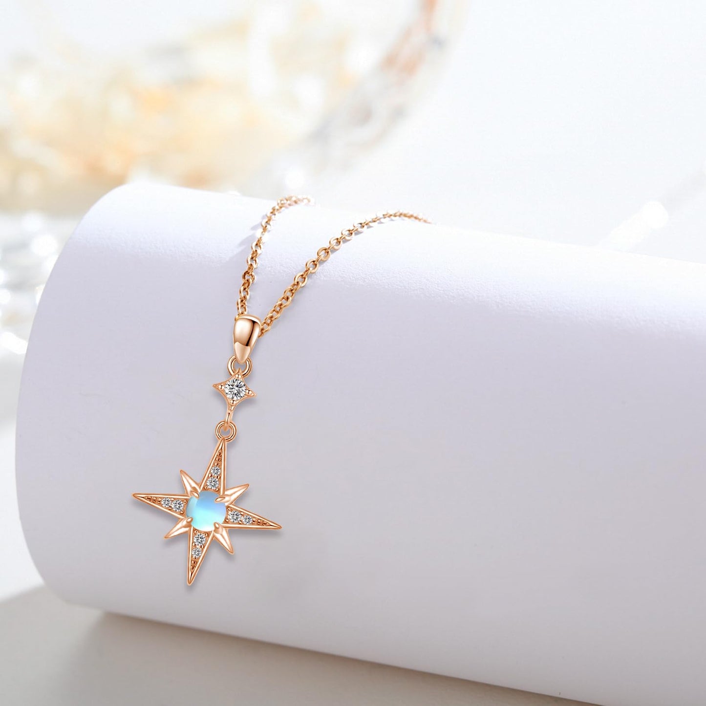 Silikepa Star Necklace for Women 925 Sterling Silver Rose Gold North Star Pendant Necklace with Moonstone Jewelry Gift for Women