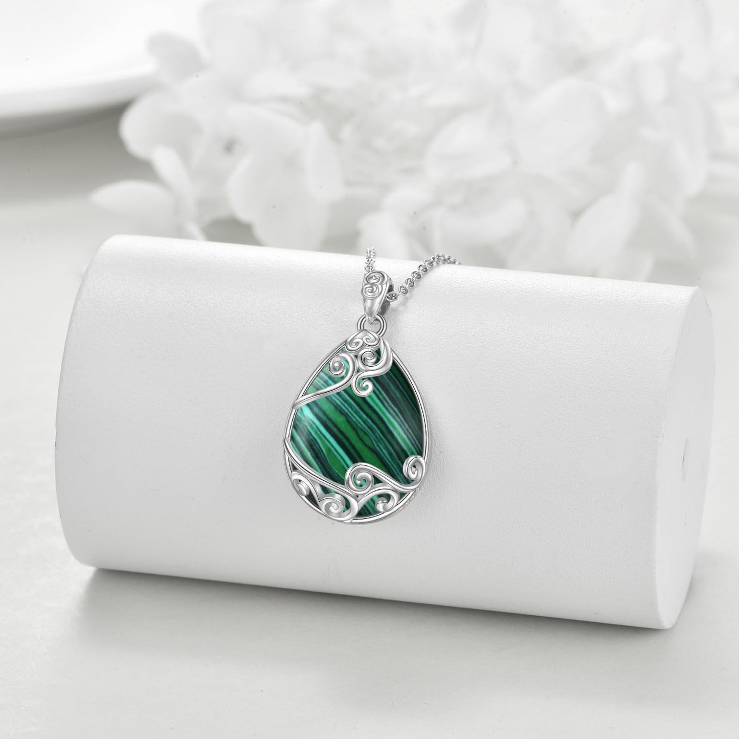 YAFEINI Malachite Necklace for Women 925 Sterling Silver Filigree Teardrop Pendant Necklace Jewelry for Women (TT-Malachite Filigree Necklace)