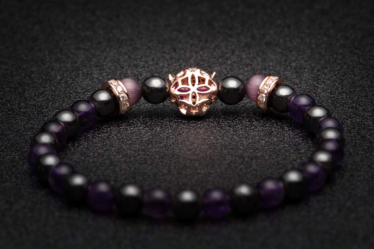 Karseer Womens Black Panther Gemstone Bracelet, 6MM Natural Crystal and Magnetic Energy Beaded Elastic Bracelet, Handmade Prayer Meditation Bracelet (Rose Gold)