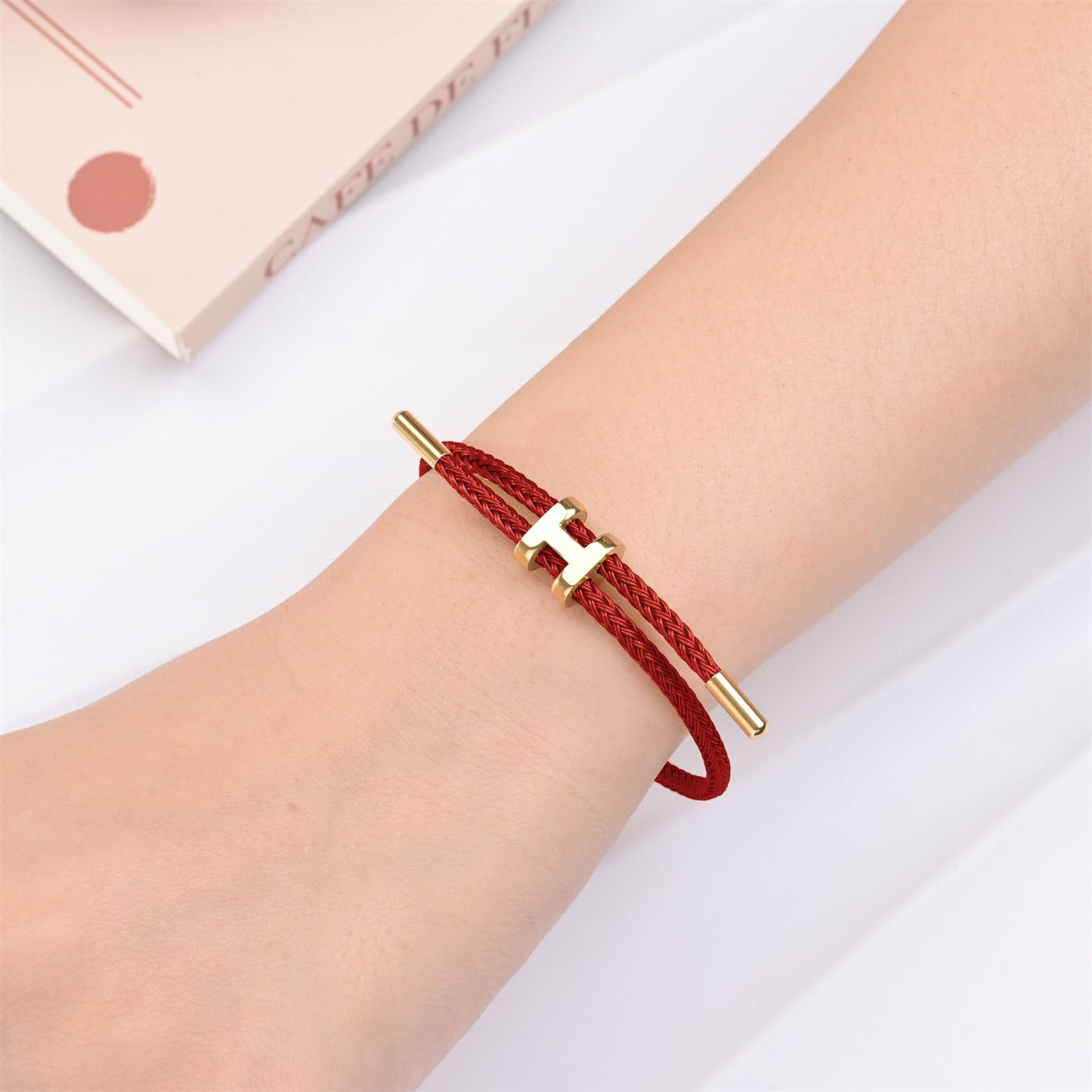 Hothink H Bracelets for Women,H Bangle and H Wire Rope Bracelet Set,Dainty 18K Gold Plated Bracelets Set for Christmas Mothers Day Gifts for Women (Gold-Red)