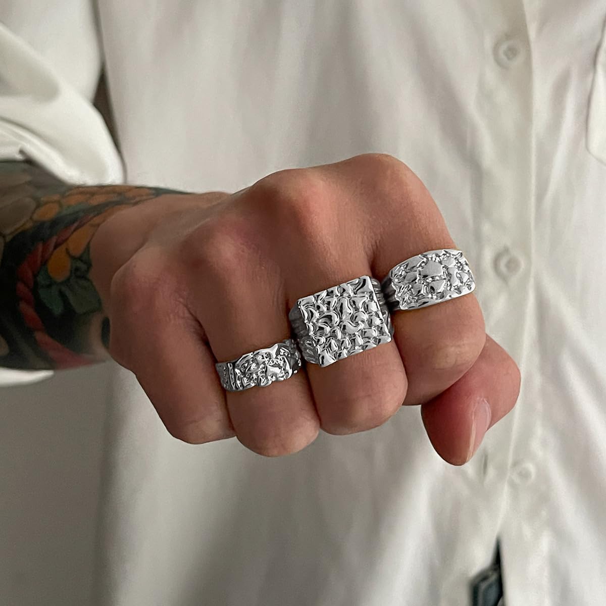 3Pcs Gold Chunky Knuckle Rings for Men Women Punk Stackable Finger Rings Set Hip Hop Harmmered Texture Statement Ring Vintage Gothic Ring Birthday Party Christmas Halloween Valentines Day Wedding Holiday Jewelry (Silver)