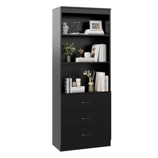 OneBlis 70" H Black Bookshelf with Drawers, Tall Bookcase with 3-Tier Open Shelves, Bookshelf and Bookcase with Storage Cabinet for Home Office,Living Room(Black,6-Tier)