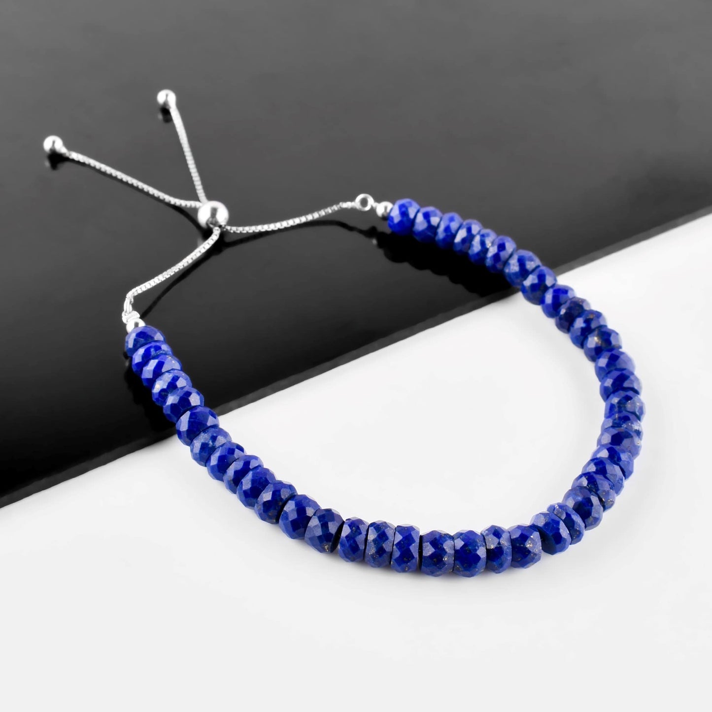 OdrillionGems Natural Lapis Lazuli Gemstones Bolo Bracelet, Faceted Beads, 925 Sterling Silver, Chakra Healing Crystals, Adjustable Slider, Handmade, Women Jewelry, Valentine Gift, 10"