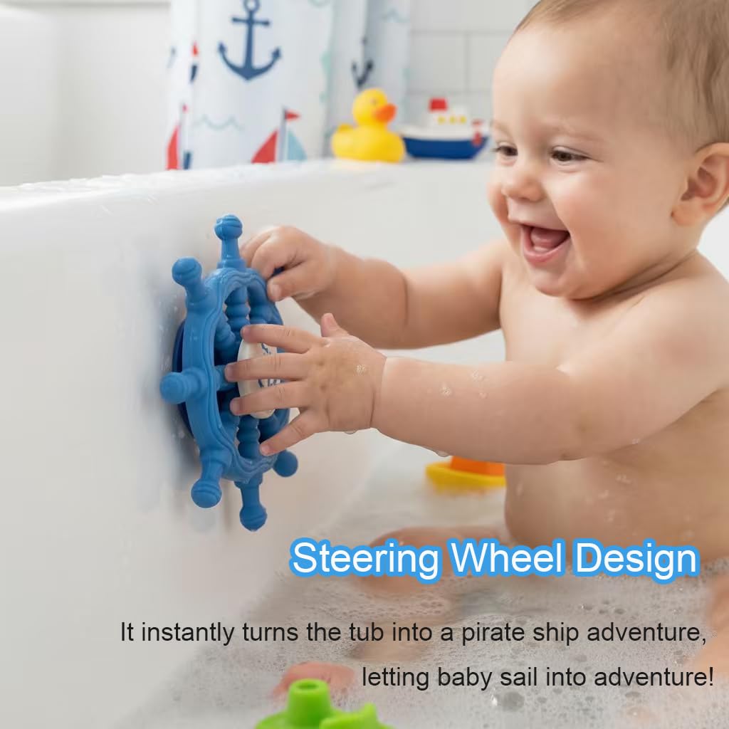Baby Suction Spinner Toys for Bathtub, Silicone Toddler Bath & High Chair Toys for 1 Year Old Boy/Girl Birthday Gift, Interactive Ship Steering Wheel InfantToy for Car Window Travel-Blue