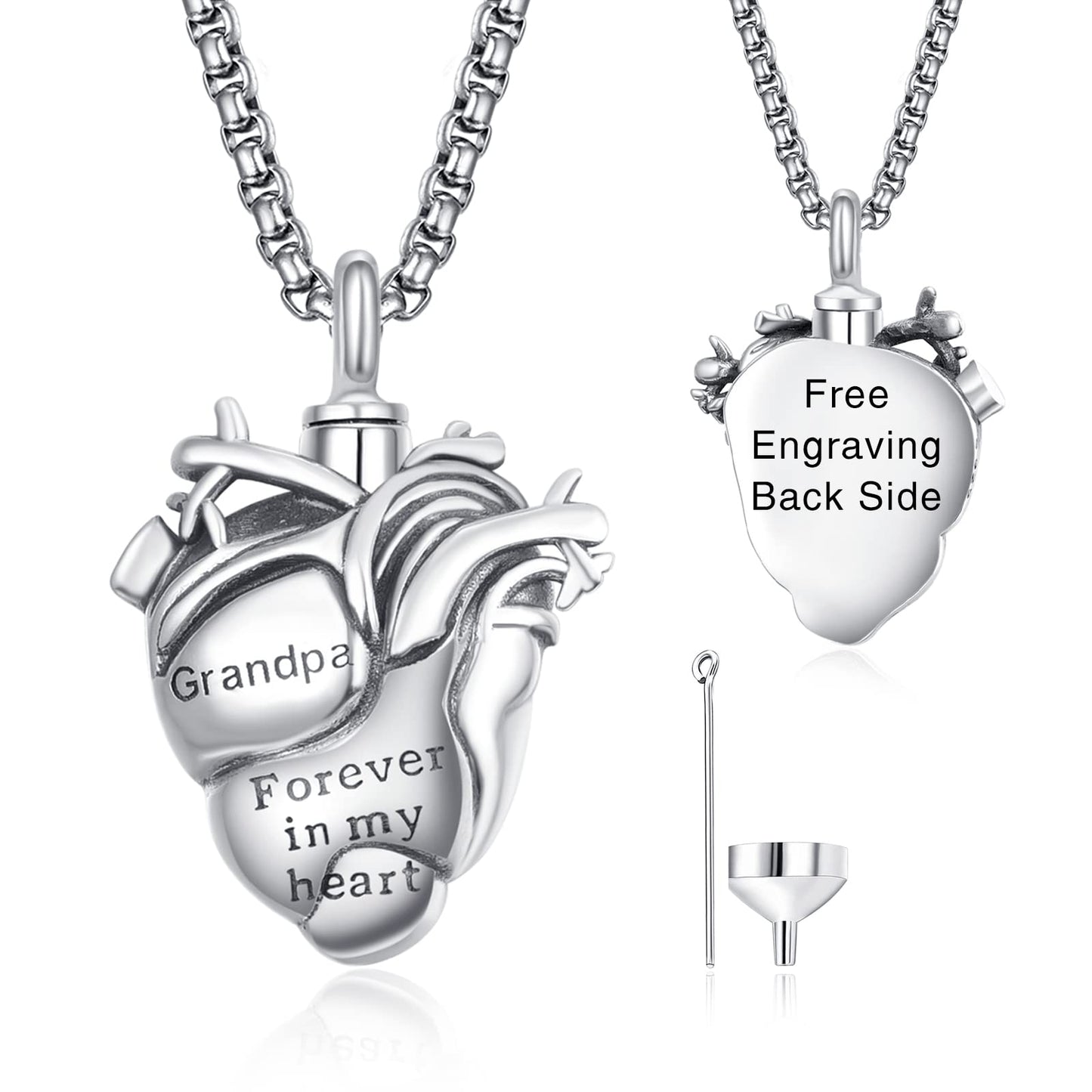 Personalized Anatomical Heart Urn Necklaces for Ashes Sterling Silver Ash Pendants Cremation Jewelry Grandpa Keepsake Pendant Memorial Jewelry Gifts for Loss of Grandpa