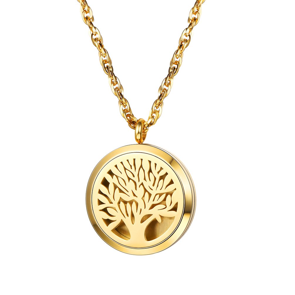 PROSTEEL Tree of Life Locket Essential Oil Diffuser Perfume Necklace Aromatherapy Necklace,Women Jewelry,18K Real Gold Plated,Valentine Christmas Gift