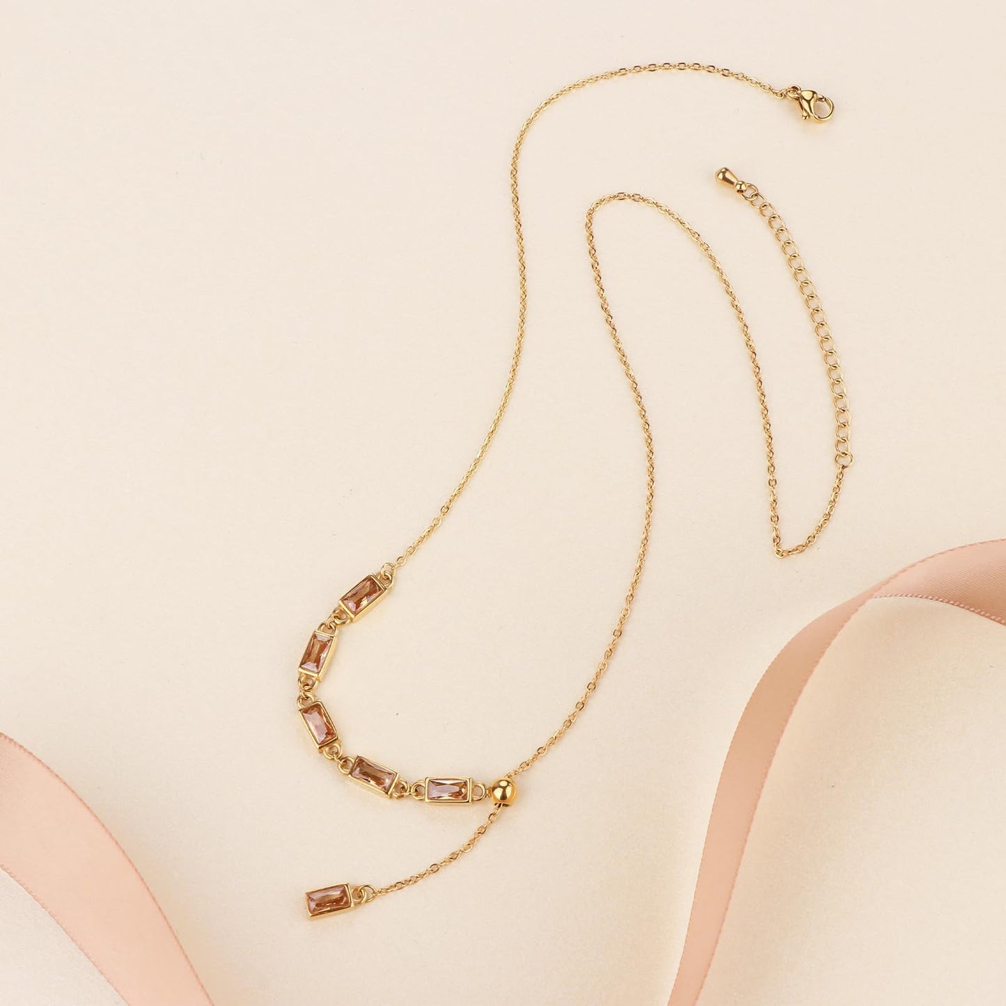TaYolnFaSo Champagne Color Y Shaped Necklace 18K Gold Plated Champagne CZ Y Lariat Necklace Emerald Cut Jewelry Christmas Gift for Women