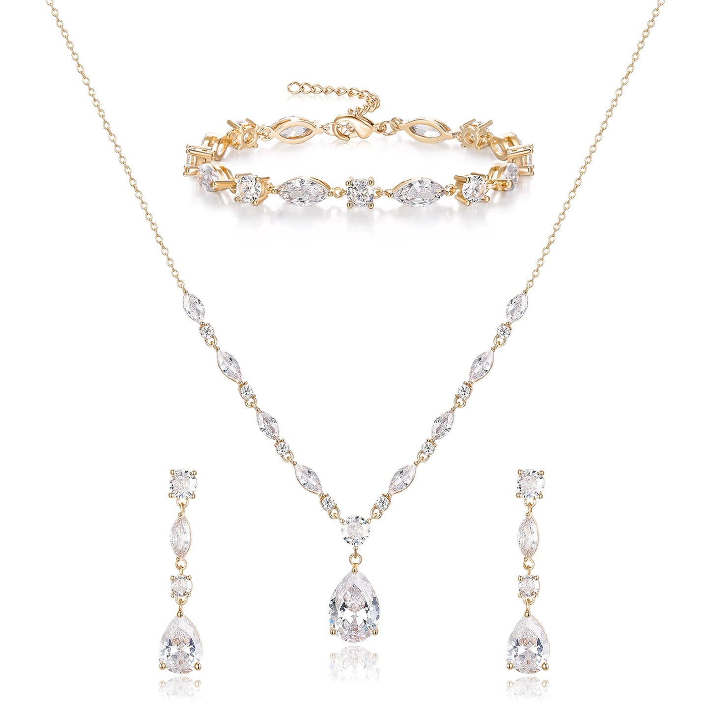 EVER FAITH Teardrop Cubic Zirconia Bridal Jewelry Sets for Bride Bridesmaid, Sparkly CZ Elegant Pendant Necklace Dangle Earrings Bracelet Set for Women Clear 14K Gold-Plated-Brass