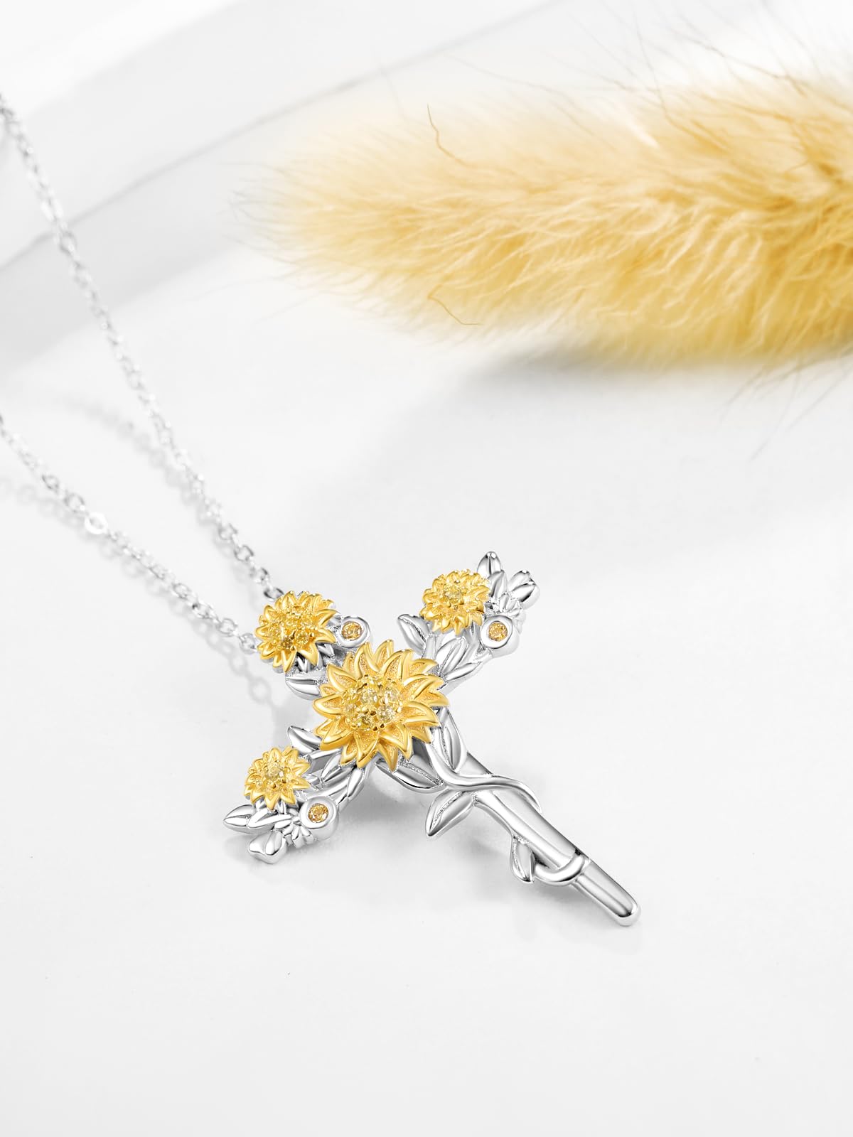 Zhi Kexin Sunflower Cross Pendant Necklace for Women 925 Sterling Silver Flower Jewelry Mothers Day Birthday Gifts for Sunflower Lovers