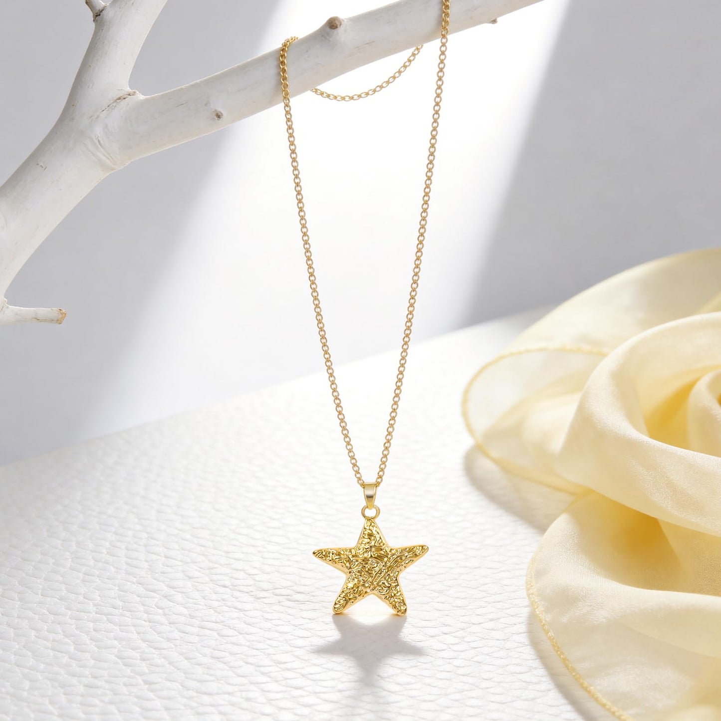 NEKOL Gold Starfish Pendant Necklace for Women, 14k Gold Plated Cute Textured Sea Star Necklace Shining Starfish Statement Necklace Party Summer Beach Ocean Jewelry Gift