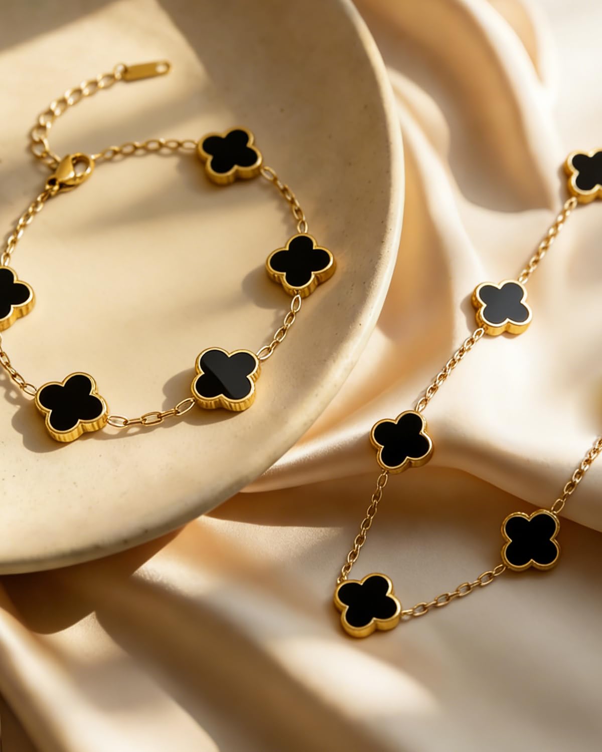Aimétte Monette 18K Gold Plated Jewelry Set, Clover Necklace and Clover Bracelets Set, Women's Hypoallergenic Black Gold Lucky Clover Bracelet and Necklace Fashion Gifts for Women Trendy