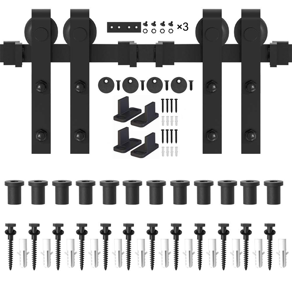 WINSOON 16FT Barn Door Hardware Kit: Double Sliding Door Hardware - Heavy Duty Black Barn Door Track Kit - Carbon Steel Sliding Barn Door Rail - J-Shape Easy to Install for 96" Closet Panel(No Door)