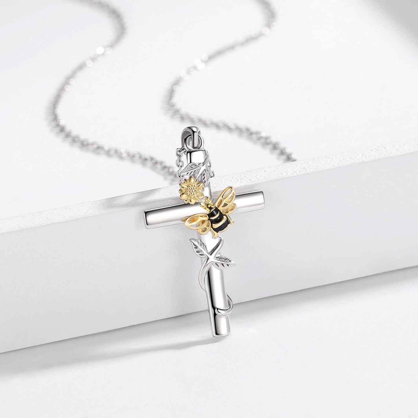 ZLILIJAN Cross Necklace 925 Sterling Silver Sunflower Bee Pendant You Are My Sunshine Honey Bee Jewelry Gifts for Women