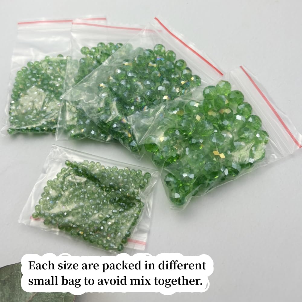 Xinhongo 600pcs Crystal Glass Beads 3mm 4mm 6mm 8mm 10mm Rondelle Faceted Crystal Beads Spacer Beads for Necklace Bracelet Earrings DIY Jewelry Crafts Making Supplies(Green AB)