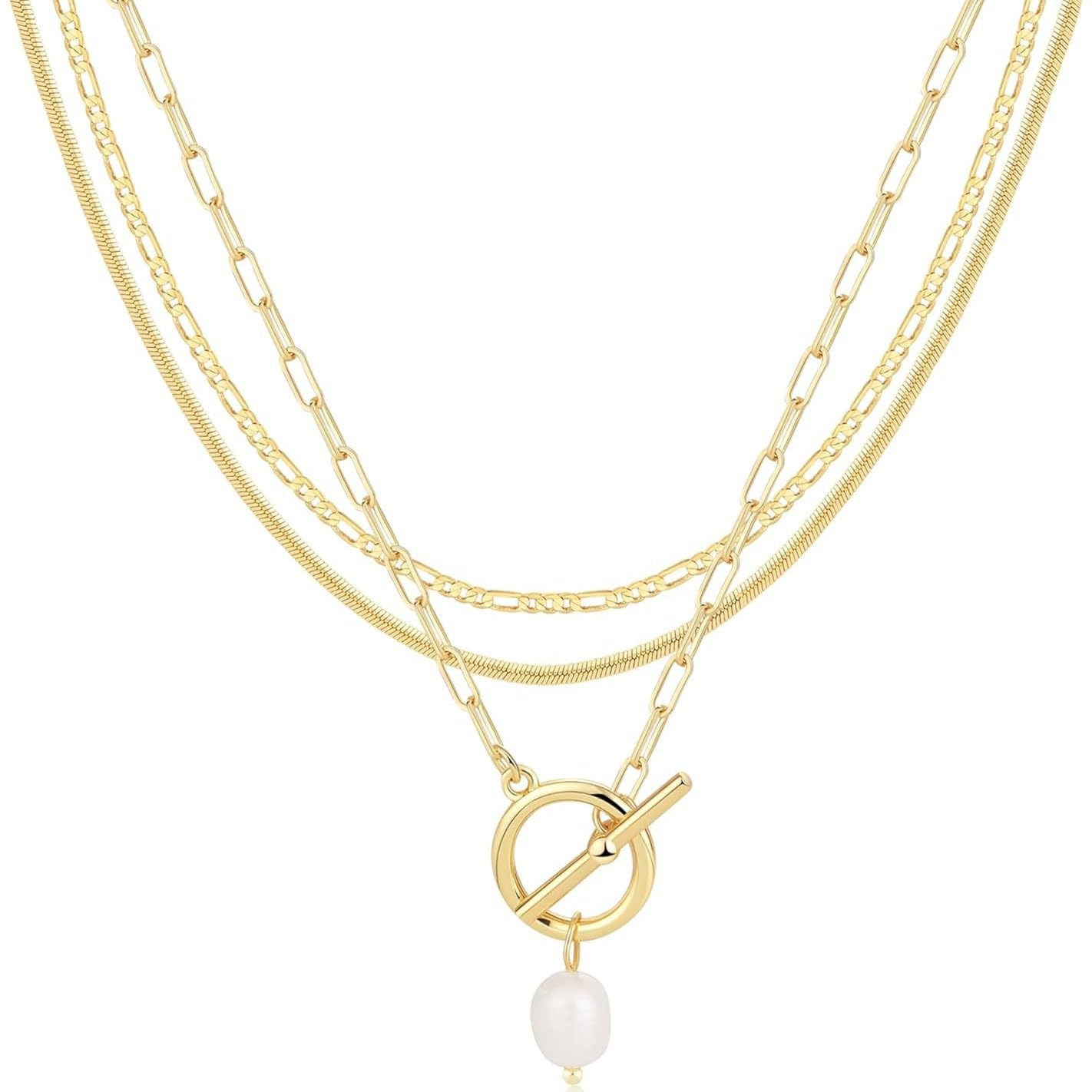 Hclian Gold Layered Necklaces for Women,3Pcs Dainty 14k Gold Plated Stackable Choker Necklaces for Women,Trendy Layering Pearl Chain Paperclip Pendant Jewelry Set Gifts