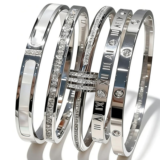 5-Piece Elegant Stainless Steel Bracelet Set, Fashionable Classic Design, Stainless Steel 5 Piece Bracelet Set, Non Tarnish Bangle, Elegant Bracelets Sets for Everyday and Formal Wear (Silver)