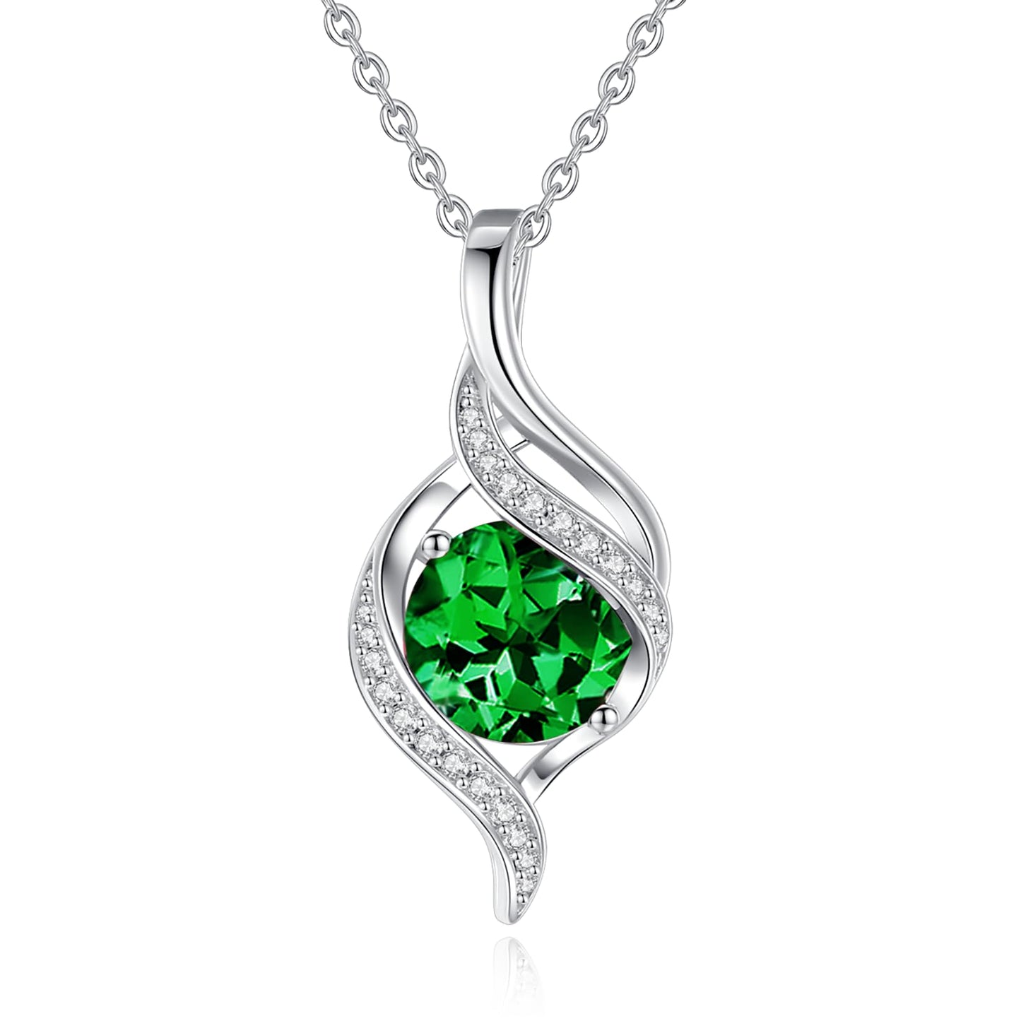 FANCIME May Birthstone Necklace for Women Round Emerald Necklace S925 Sterling Silver full Love Birthday Gifts for Mom Women, 16"+2" Inches