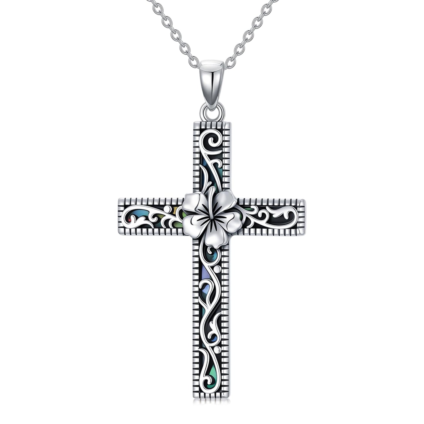 Hibiscus Necklace for Women 925 Sterling Silver Hawaiian Hibiscus Flower Necklaces Filigree Cross Religious Pendant Faith Hawaii Graduation Jewelry with Abalone Shell Mothers Day Gifts for Mom Sister Wife