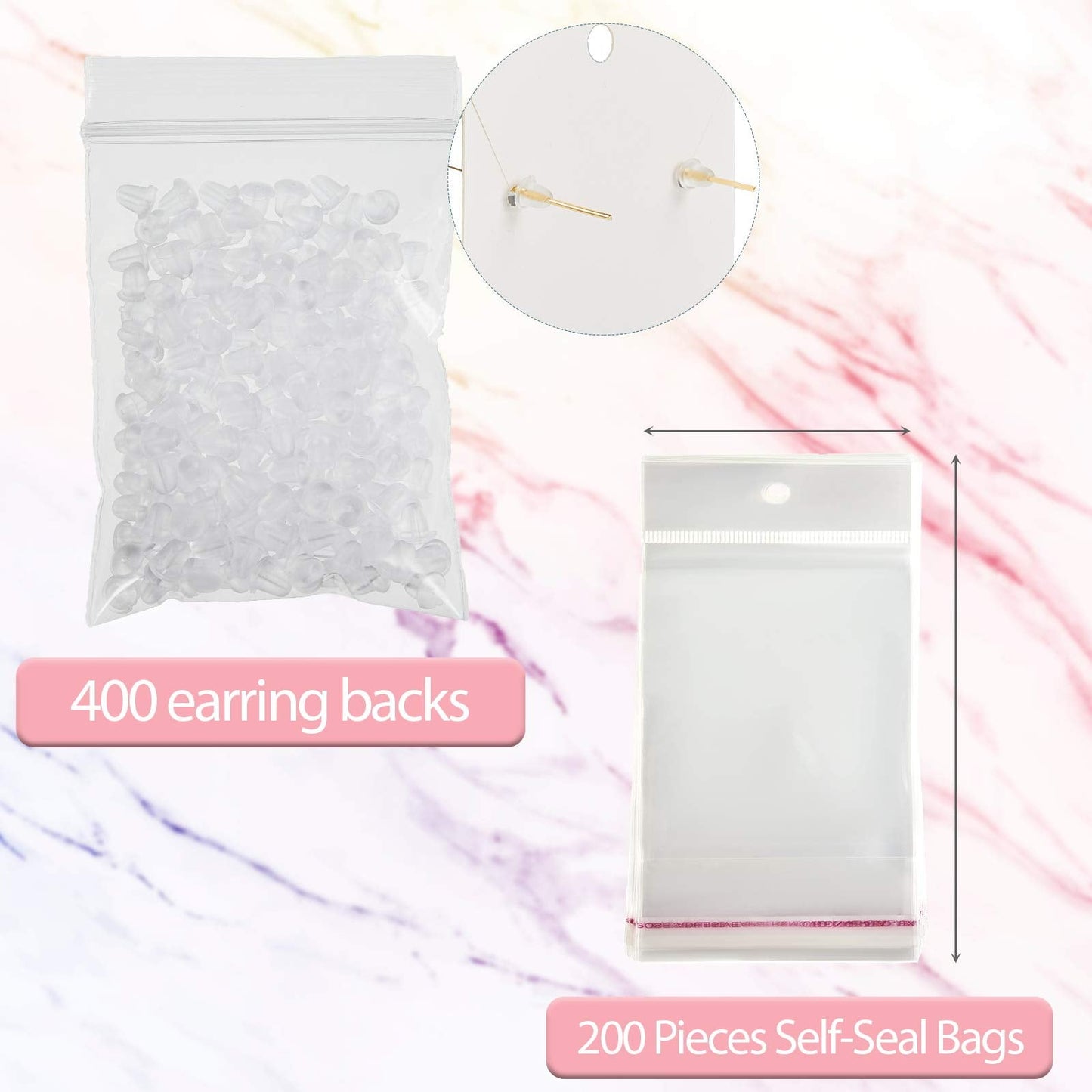 Hicarer 800 Pcs Earring Cards Marble Design Jewelry Display Card Holder Set, 200 Pieces 8 Colors Earring Cards 200 Pieces Self-Seal Bags and 400 Earrings Backs for DIY Jewelry(Classic Style)
