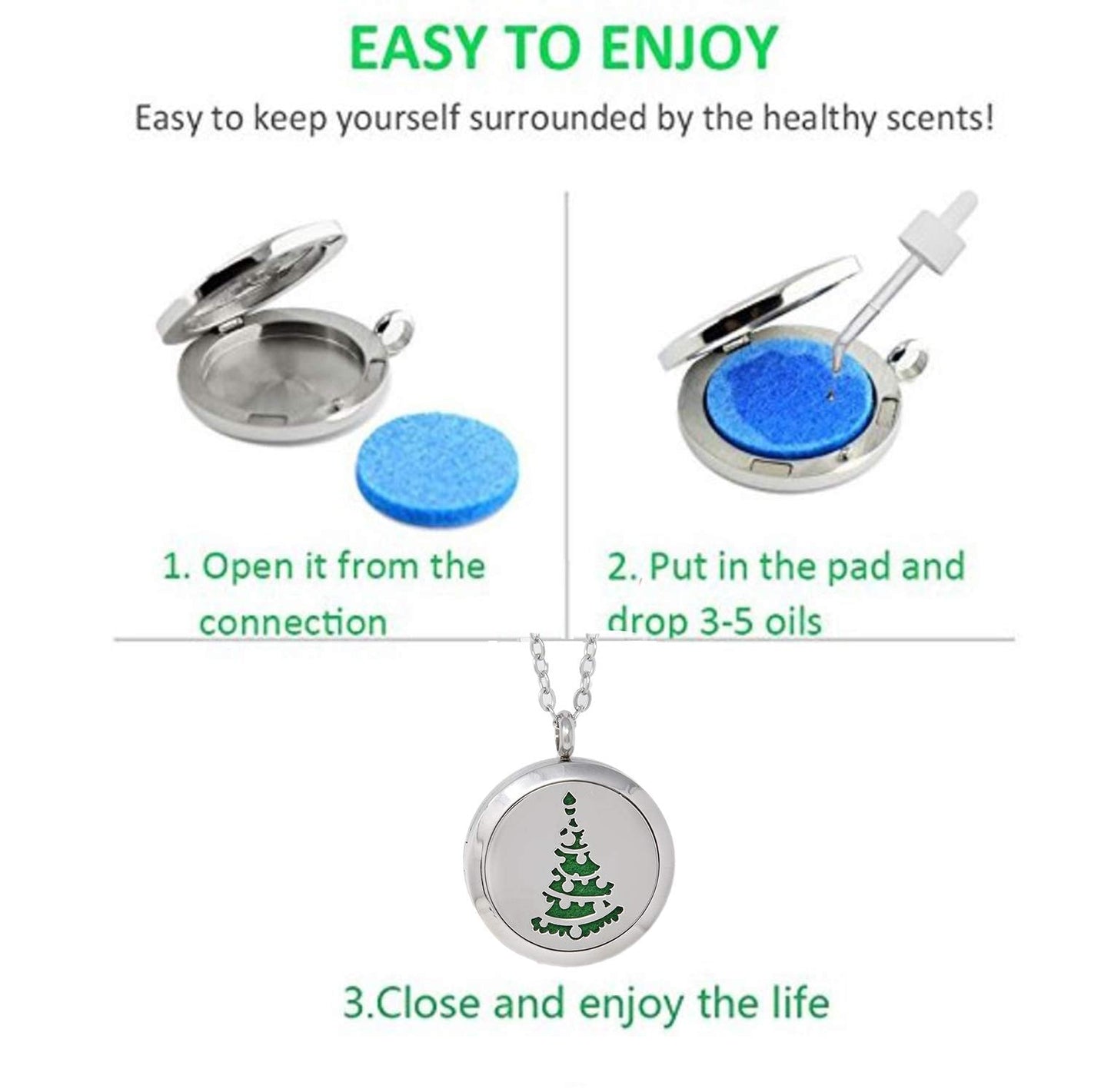 Aromatherapy Essential Oil Diffuser Stainless Steel 30MM Silver Magnetic Locket Pendant 2 Sizes Chain Necklace, Refill Pads & Diffuser Bracelet in a Velvet Bag (Christmastreewithornaments)