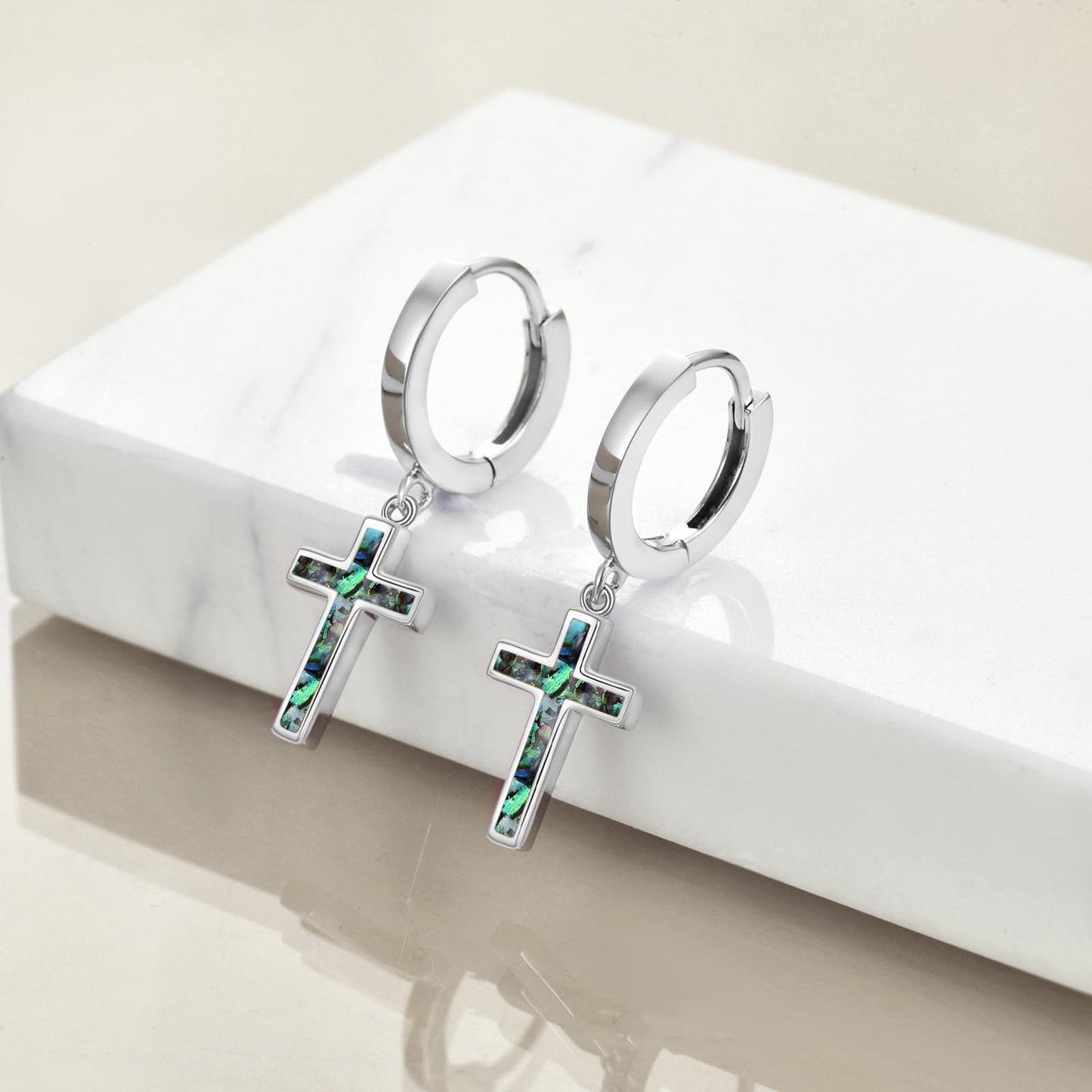 925 Sterling Silver Cross Hoop Earrings Abalone Dangle Drop Earrings Huggie Jewelry Birthday Gifts for Women Men (Abalone Cross)