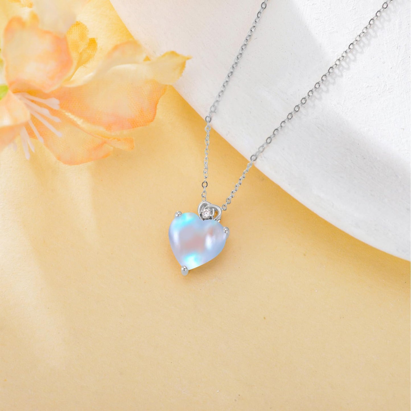 NFYBD 14k White Gold Love Heart Moonstone Birthstone Pendant Necklace for Women 3 Carat Heart-cut Created Gemstone Anniversary Birthday Mother's Day Necklaces for Her-June
