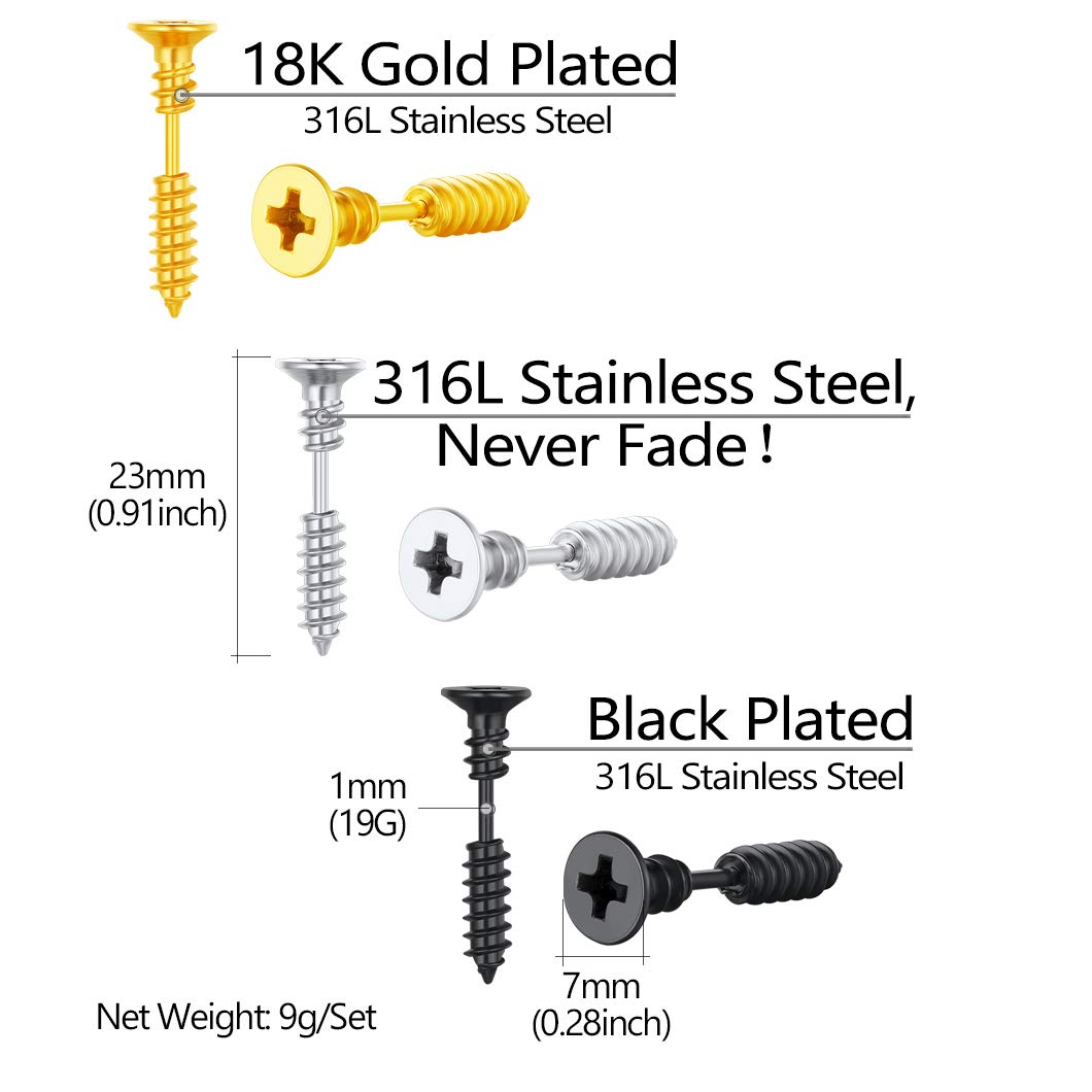 Screw Stud Earrings Men Women Stainless Steel Pierced Tunnel Earring Set Punk Style Jewelry 3 Pairs 3 Colors