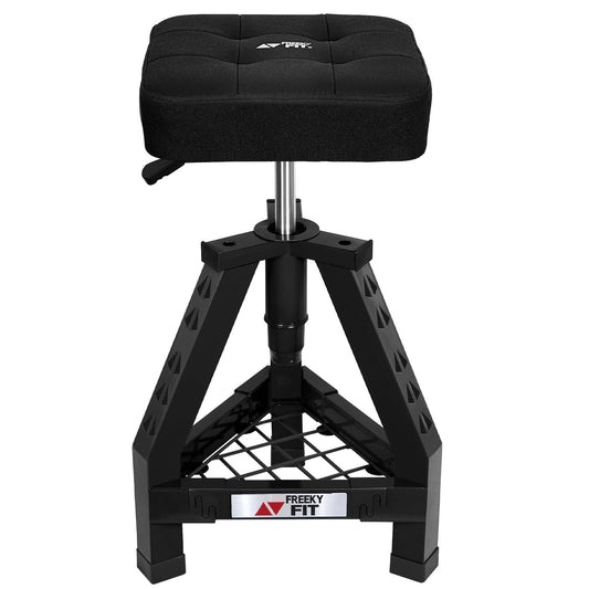 FreekyFit Adjustable Shop Stool,Garage Mechanic Stool Chair,Work Seat for Workshop, Adjustable Height, 360° Swivel Padded Square Seat,Tool Storage, 350 LBS Capacity, Heavy Duty, Black