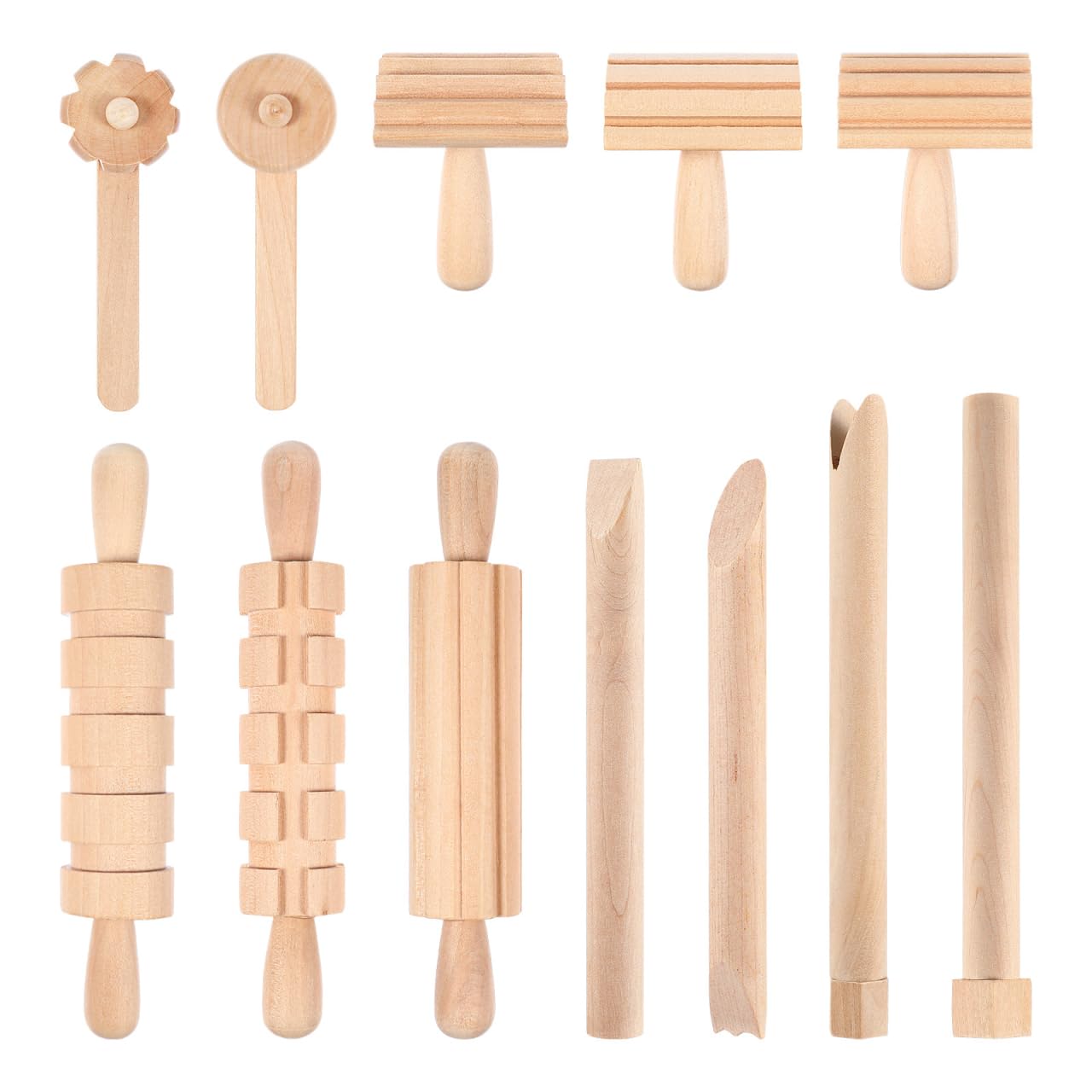 Kisangel Wooden Play Dough Tools Set of 12 for Kids - Pottery Texture Rollers & Clay Stamps - Natural Wood Sculpting & Molding Toys for Toddlers Arts and Crafts