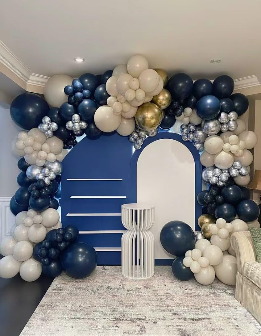 ADOINBY Navy Blue Silver White Balloon Arch Kit, Double Stuffed Pearl Sand White Royal Dark Blue Chrome Silver Confetti Balloons Garland Kit for Birthday Graduation 2026 New Years Party Decoration