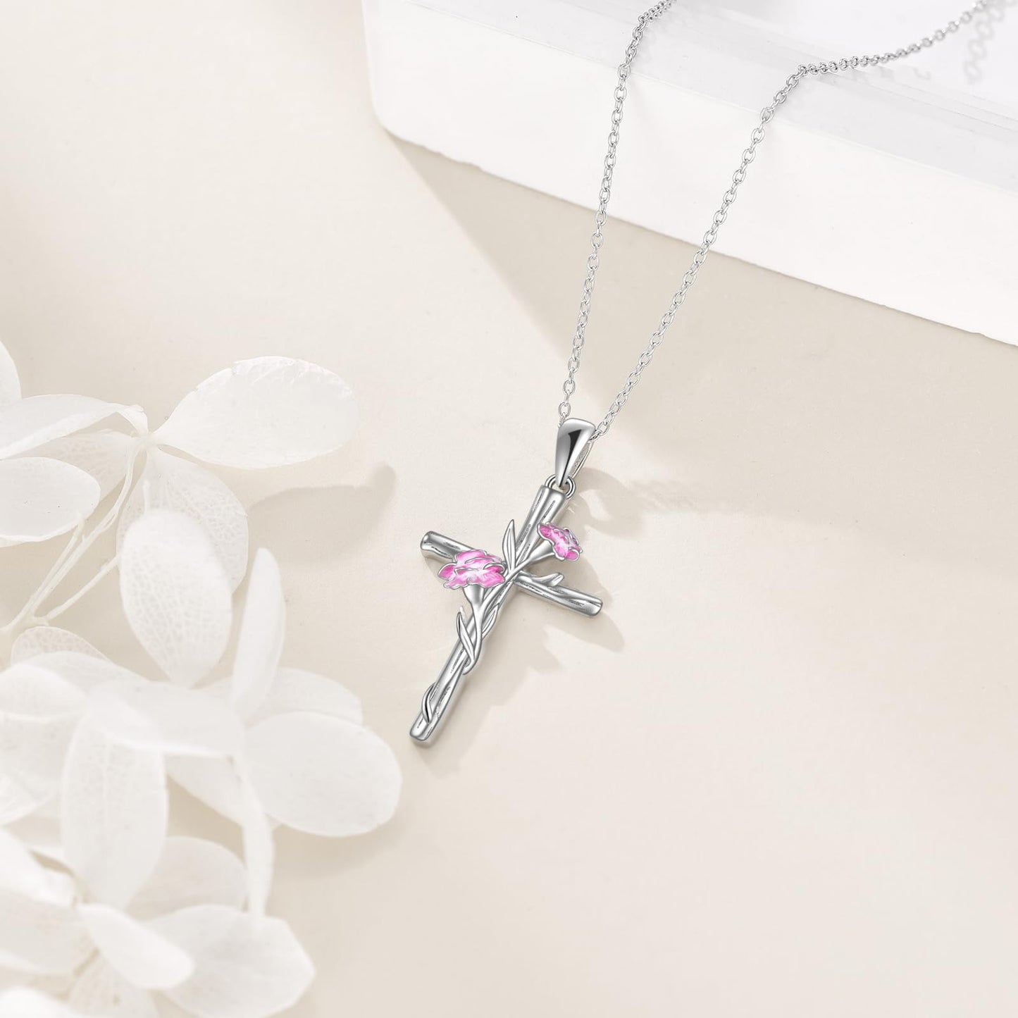 LUHE Women Cross Necklace Sterling Silver Birth Flower Pendant Necklace Religious Cross Jewelry Gifts for Women