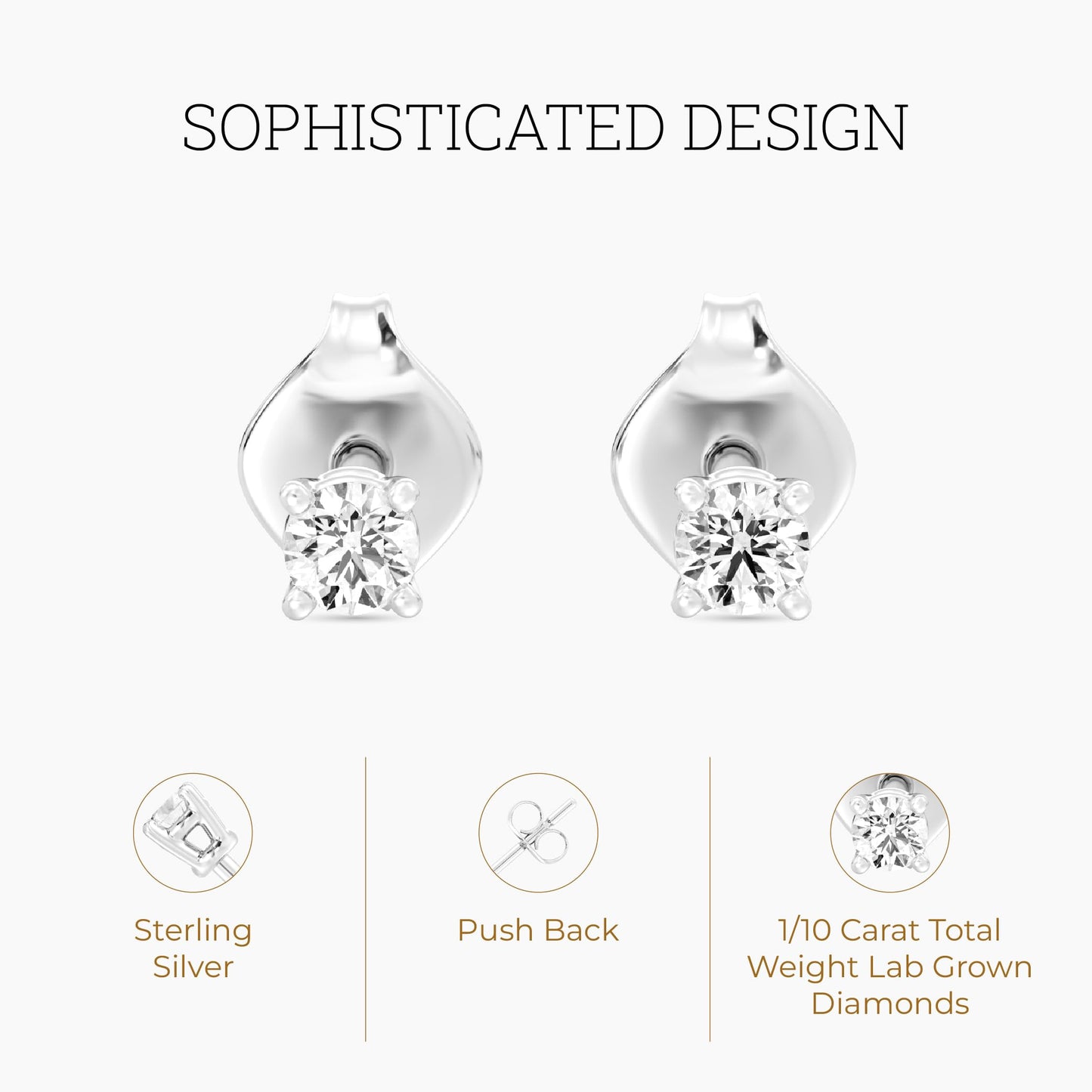 Gilded 1/10 ct. T.W. Round Lab Diamond Stud Earrings for Women | 925 Sterling Silver Studs | Hypoallergenic Fine Jewelry | 4-Prong Basket, Push Back Nut | SI1 Clarity, F Color, Round Cut