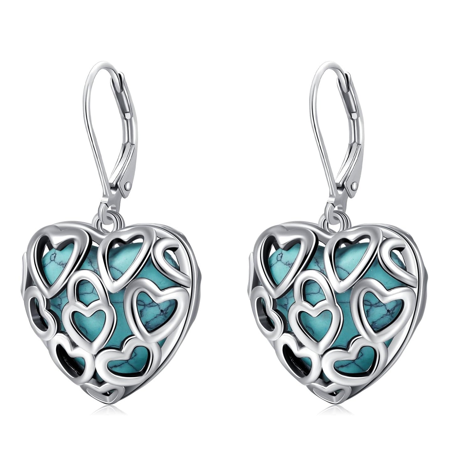 Heart Turquoise Jewelry for Women-Genuine Turquoise Leverback Earring 925 Sterling Silver Dangle Drop Earrings Vintage Gifts for Valentine/Mother's Day/Christmas
