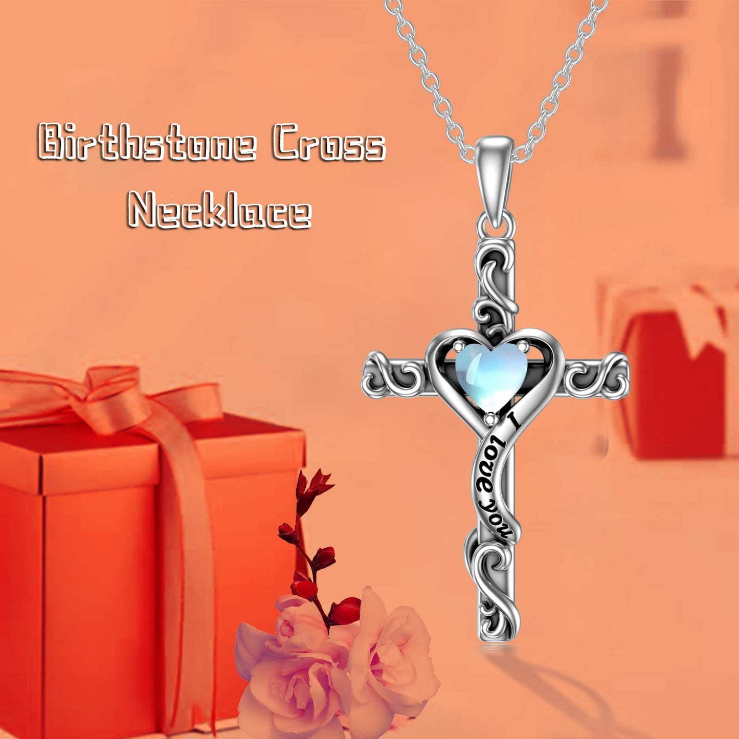 TOUPOP Moonstone Cross Necklace for Women Sterling Silver June Birthstone Cross Pendant Necklace Heart Love Jewelry for Her Girlfriend Wife Mom Anniversary Birthday Mothers Day Gifts