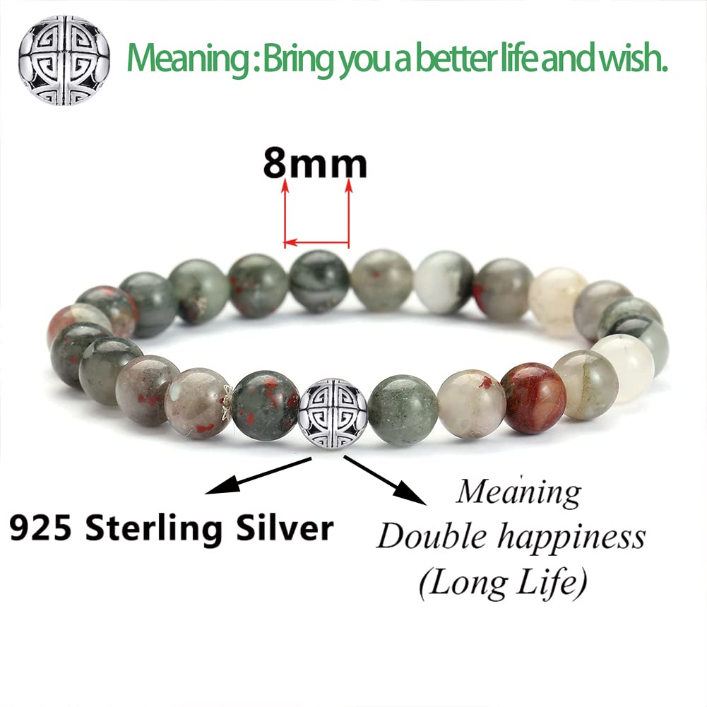 MetJakt Healing Crystals Beaded Bracelets for Womens Natural Gemstone 8mm Beads Stretch Bracelets with 925 Sterling Silver Double Happiness Pendant (African blood stone)
