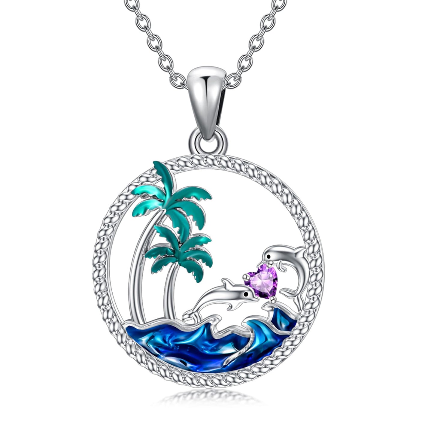 PROESS Dolphin Necklace Sterling Silver February Birthstone Necklace Palm Tree Beach Jewelry Ocean Animal Gifts for Women Daughter