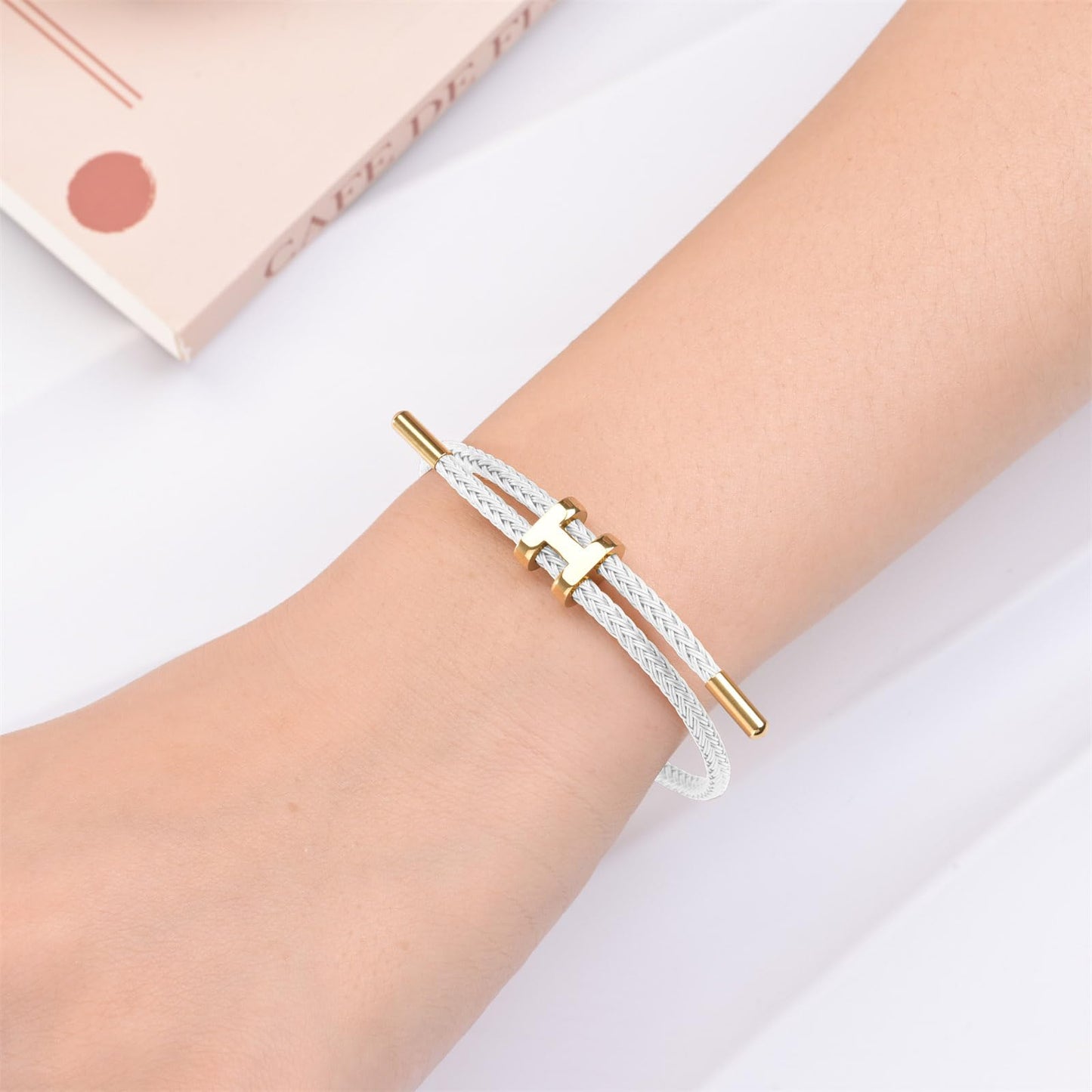 Hothink H Bracelets for Women,H Bangle and H Wire Rope Bracelet Set,Dainty Bracelets Set for Christmas Mothers Day Gifts for Women (Black and White Rope Bracelet)