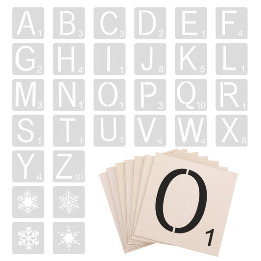 36pcs 5 Inch Wooden Squares for Crafts, 30 Large Letter Stencils Custom Stencil Set, Letters for Wall Decor, Tiles for Crafts, Unfinished Wooden Letters for Painting Home Farmhouse
