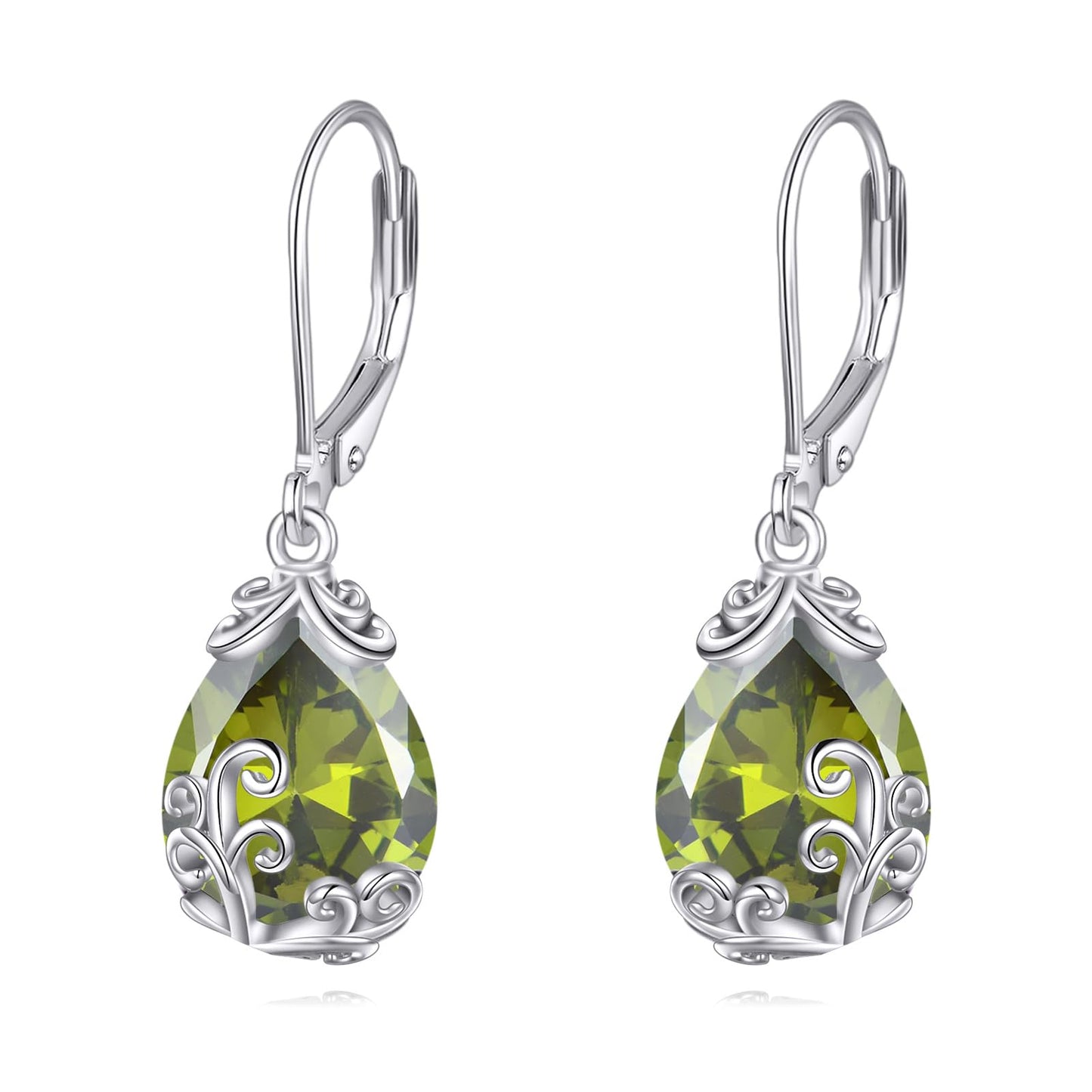 POPLYKE BirthStone Filigree Teardrop Drop Dangle Earrings Sterling Silver Peridot Leverback Earrings August Birthstone Jewelry Gifts for Women