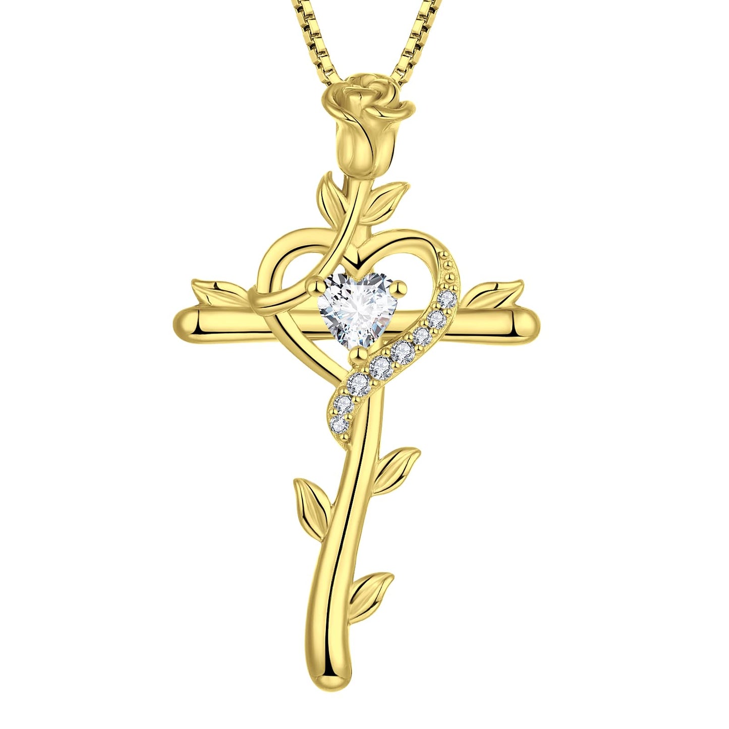 STARCHENIE Rose Cross Necklace, 925 Sterling Silver 14K Gold Plated, Cubic Zirconia Heart Pendant, Crucifix Jewelry Gift for Women